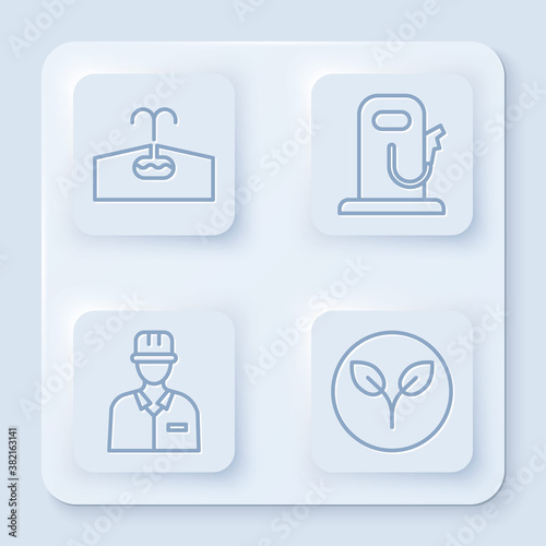 Set line Oilfield, Petrol or gas station, Oilman and Bio fuel. White square button. Vector.