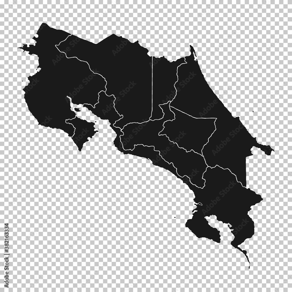 Costa Rica Map - Vector Solid Contour and State Regions on Transparent Background