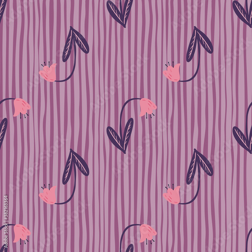 Pink buds campanula elements seamless stylized pattern. Floral nature artwork on purple striped background.