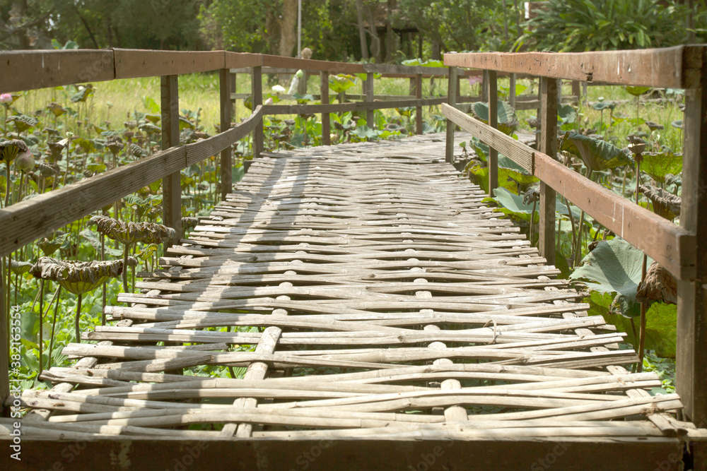 Old bamboo bridge that enters the lotus pond