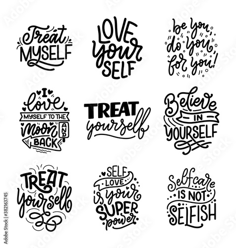 Set with selfcare lettering quotes for blog or sale. Time to something nice. Beauty, body care, premium cosmetics, delicious, ego. Modern calligraphy. Vector design prints