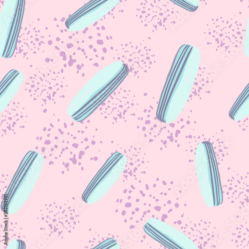 Seamless random pattern with eclair doodle elements. Blue light sweet ornament on pink background with flour.