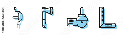 Set line Angle grinder, Hand drill, Wooden axe and Corner ruler icon. Vector.