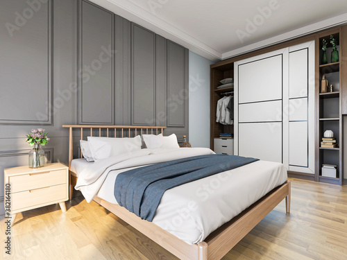 The clean and tidy bedroom has a bed and cupboard