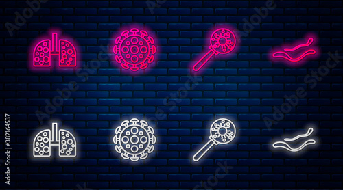Set line Virus, under magnifying glass, cells lung and Ebola virus disease. Glowing neon icon on brick wall. Vector.