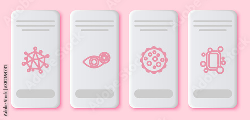 Set line Virus, Reddish eye due to virus, and Bar of soap. White rectangle button. Vector.