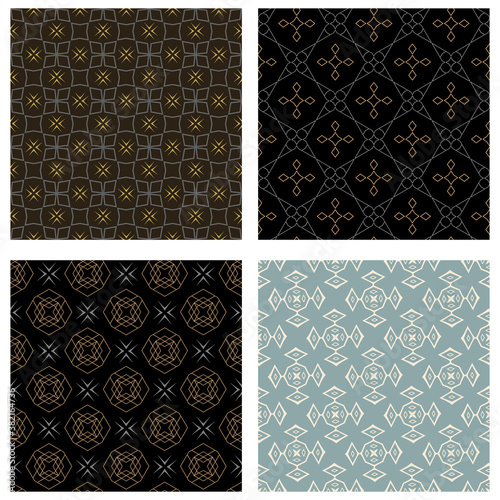 Stylish geometric patterns. Colors: black, gold, blue. Background image in a modern style. Wallpaper texture. Vector set