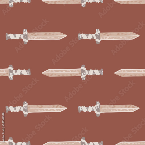Stylized old historu seamless pattern with sword ornament. Grey colored middle ages elements on pale maroon background.
