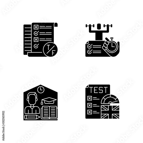 True false test black glyph icons set on white space. Placement exam. Physical skills testing. Examination and education. Right answer. Silhouette symbols. Vector isolated illustration