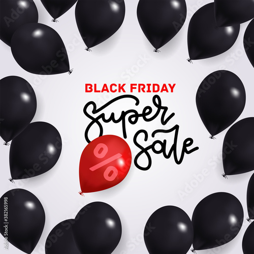 Black Friday quare banner with black balloons on a white background. One red balloon with discount sign. Seper sale lettering. Realistic vector design. photo