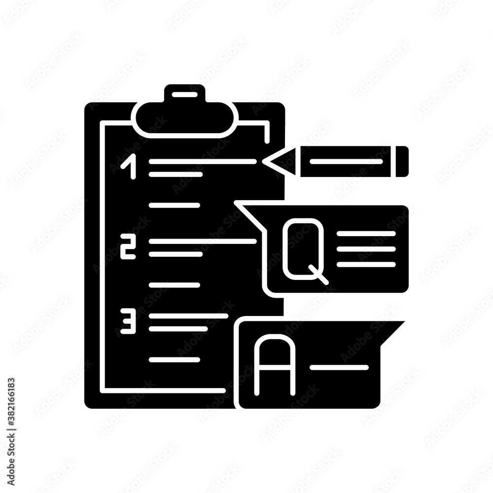 Short answer test black glyph icon. Exam paper with answers. Education and examination. Questioning for student. Silhouette symbol on white space. Vector isolated illustration Short answer test black glyph icon. Exam paper with answers. Education and examination. Questioning for student. Silhouette symbol on white space. Vector isolated illustration