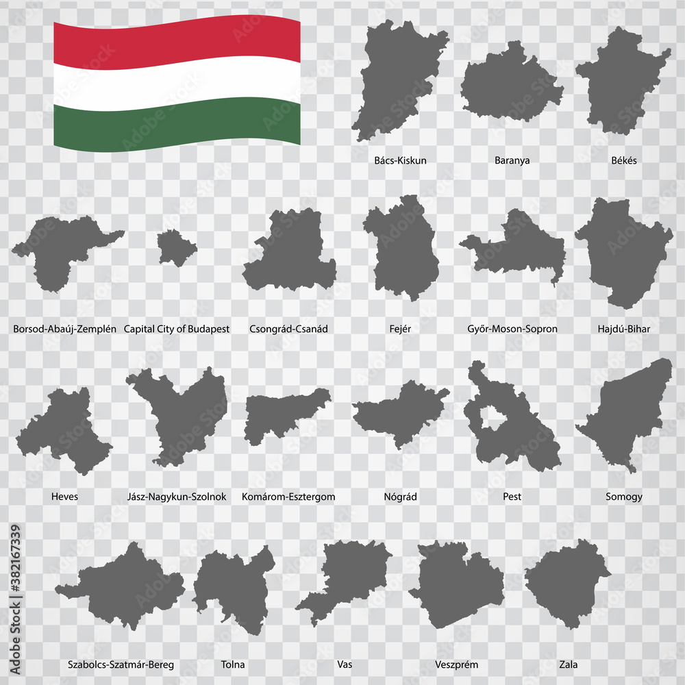 Twenty Maps Regions of Hungary - alphabetical order with name. Every single map of Province are listed and isolated with wordings and titles. Hungary. EPS 10.

