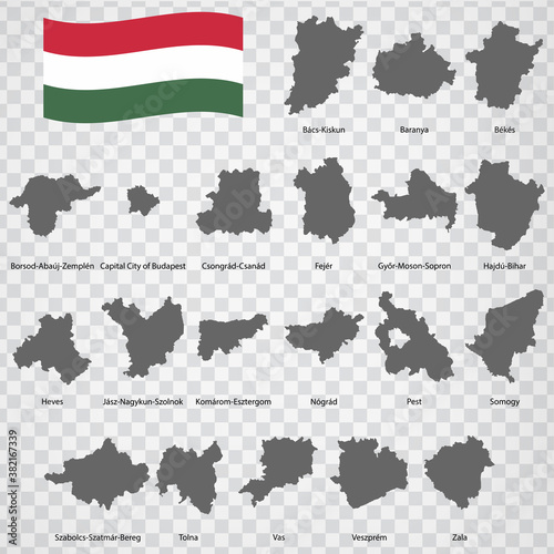 Twenty Maps Regions of Hungary - alphabetical order with name. Every single map of Province are listed and isolated with wordings and titles. Hungary. EPS 10. 