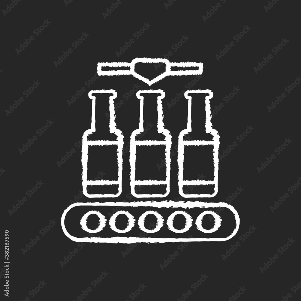 Bottling chalk white icon on black background. Industrial alcohol production. Packing beverage on conveyor belt. Automated process of packaging beer. Isolated vector chalkboard illustration Bottling chalk white icon on black background. Industrial alcohol production. Packing beverage on conveyor belt. Automated process of packaging beer. Isolated vector chalkboard illustration
