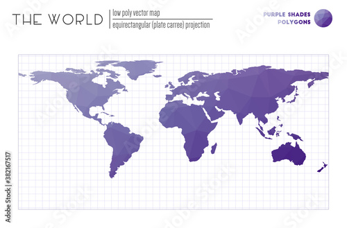 World map in polygonal style. Equirectangular  plate carree  projection of the world. Purple Shades colored polygons. Elegant vector illustration.