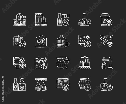 Brewing chalk white icons set on black background. Beer production. Factory produce alcohol drink. Fermentation and filtering of beverage. Pub with lager. Isolated vector chalkboard illustrations