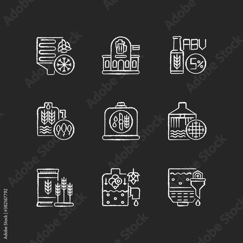 Beer production technology chalk white icons set on black background. Alcohol by volume. Cooling and boiling step in beer manufacture production. Isolated vector chalkboard illustrations