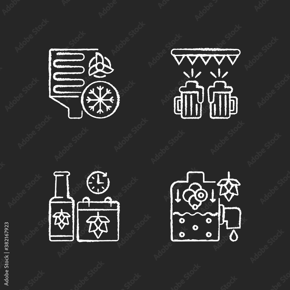 Brewery production chalk white icons set on black background. Cooling step in beer production process. Industrial conditioning. Beer festival in bar. Isolated vector chalkboard illustrations