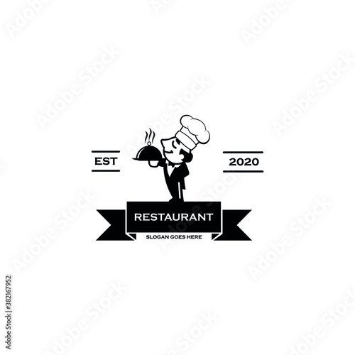 chef with tray of food in hand, Chef icon Vector Illustration on the white background.