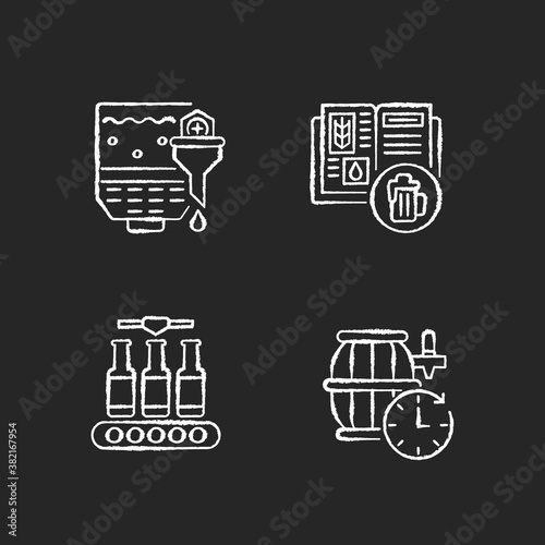 Beer production chalk white icons set on black background. Recipe for alcohol drink production. Beverage manufacture step. Bottling liquid. Barrel aged beer. Isolated vector chalkboard illustrations