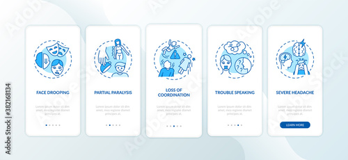 Brain stroke blue onboarding mobile app page screen with concepts. Neurology problem. Brain health care walkthrough 5 steps graphic instructions. UI vector template with RGB color illustrations