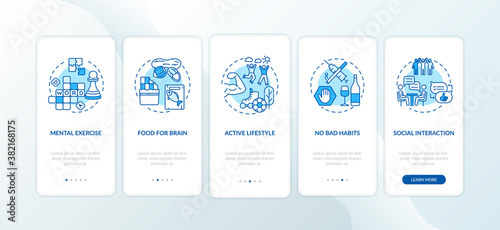 Brain health care blue onboarding mobile app page screen with concepts. Active lifestyle. Healthy living walkthrough 5 steps graphic instructions. UI vector template with RGB color illustrations