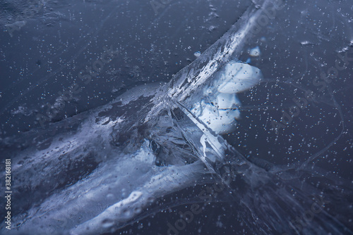 A crack in the ice of a frozen river in the form of a three-pointed star