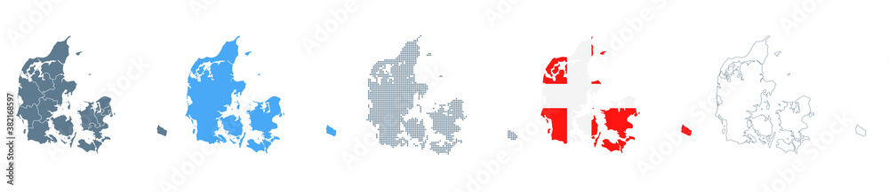 Denmark Map Set - Vector Solid, Contour, Regions, Flag, Pixels
