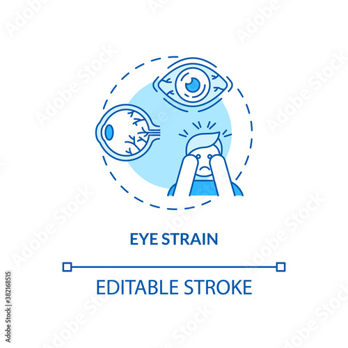 Eye strain concept icon. Screen addiction symptom idea thin line illustration. Computer screen experience. Dryness, fatigue. Blurred vision. Vector isolated outline RGB color drawing. Editable stroke