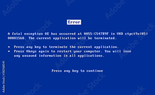 BSOD screen old 98 error crash software. Bluescreen death system pc bug, bsod screen photo