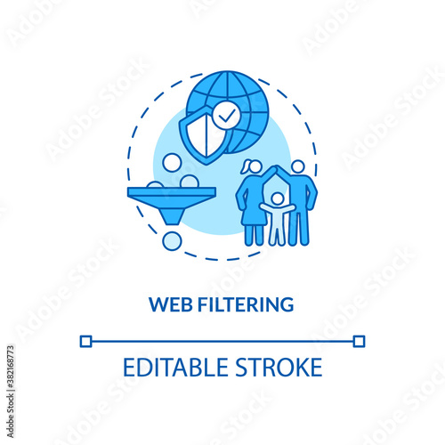 Web filtering concept icon. Parental control element idea thin line illustration. Internet filtering. Safe online experience. Vector isolated outline RGB color drawing. Editable stroke