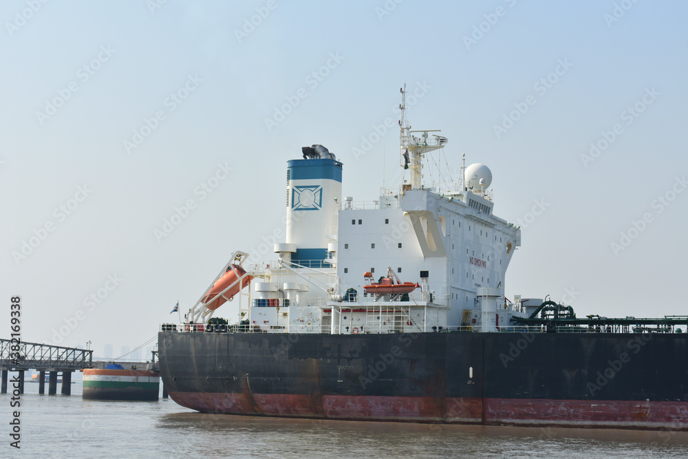 Bridge of a merchant ship standing in mumbai port