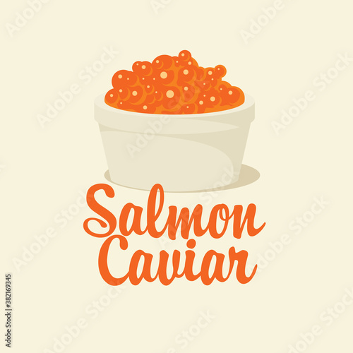 Banner with red salmon caviar in a bowl and inscription on a light background in retro style. Vector illustration for seafood menu, label, package, advertising
