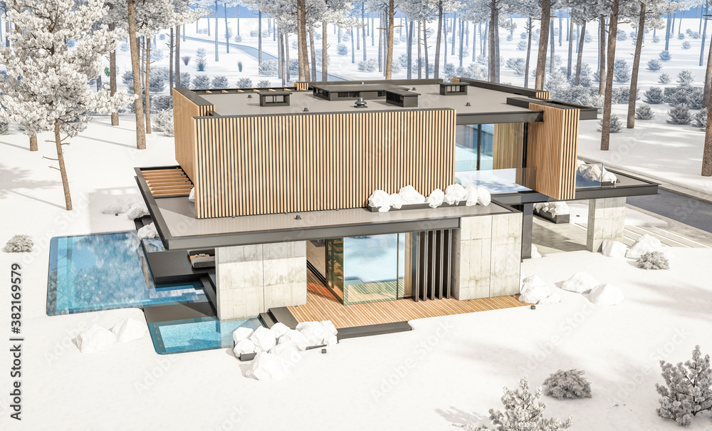 3d rendering of modern cozy house with parking and pool for sale or rent with wood plank facade and beautiful landscaping on background. Cool winter day with shiny white snow. 3d rendering of modern cozy house with parking and pool for sale or rent with wood plank facade and beautiful landscaping on background. Cool winter day with shiny white snow.