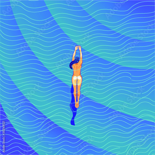 Woman jumping diving awimming in water and nude