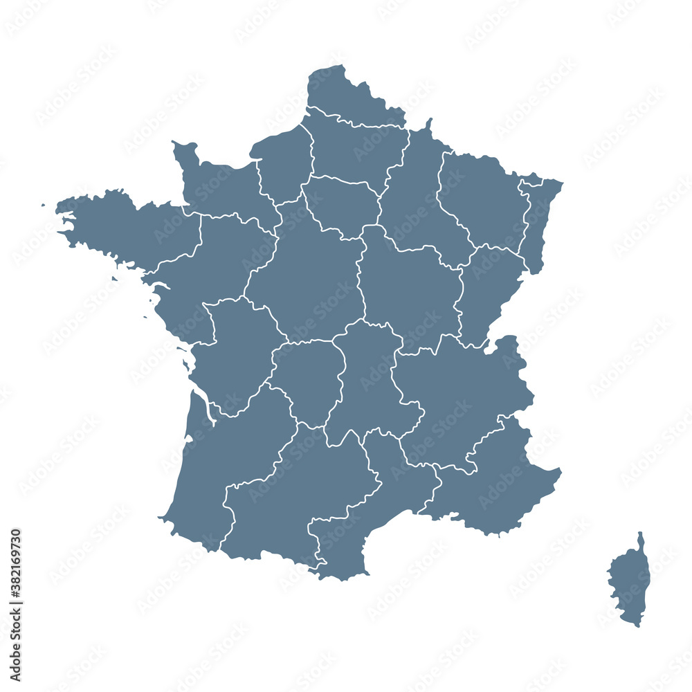France Map - Vector Solid Contour and State Regions