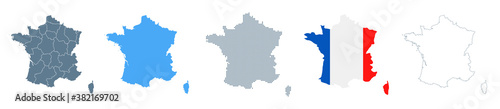 France Map Set - Vector Solid, Contour, Regions, Flag, Pixels photo