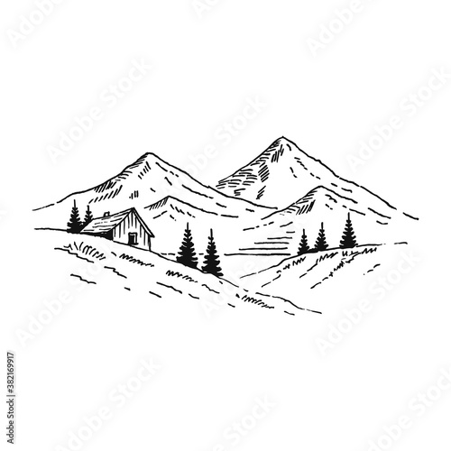 House in mountains with pine trees. Landscape black on white background. Hand drawn rocky peaks in sketch style. Vector illustration.