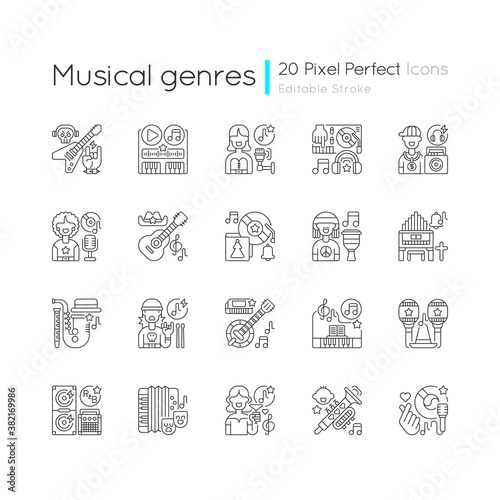 Musical genres pixel perfect linear icons set. Heavy metal songs. Singers and musical instruments. Customizable thin line contour symbols. Isolated vector outline illustrations. Editable stroke