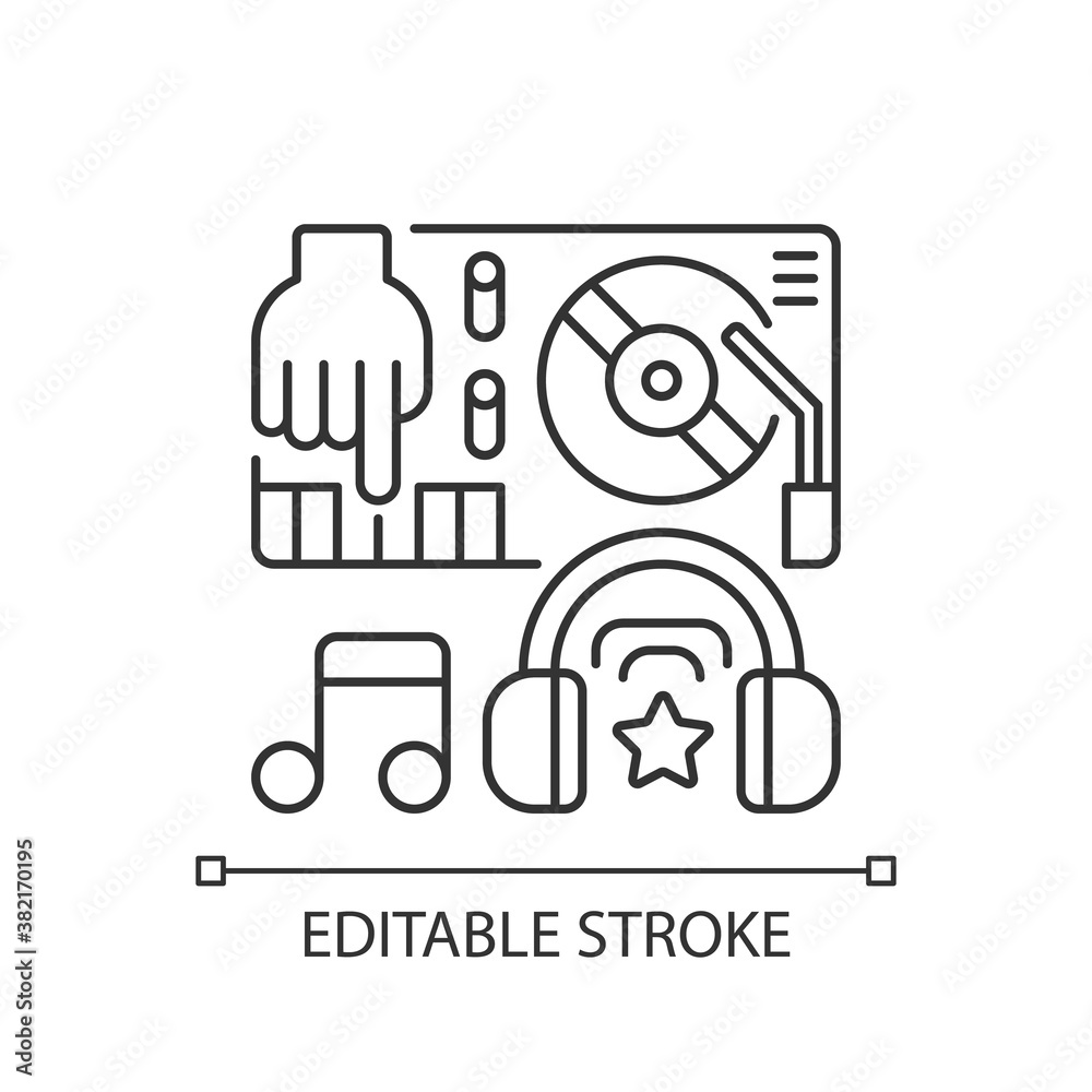 Electronic music pixel perfect linear icon. Dj mixer station. Party music editing. Thin line customizable illustration. Contour symbol. Vector isolated outline drawing. Editable stroke