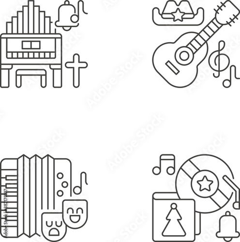 Different cultures music pixel perfect linear icons set. Religeous songs types. Holiday events ideas. Customizable thin line contour symbols. Isolated vector outline illustrations. Editable stroke