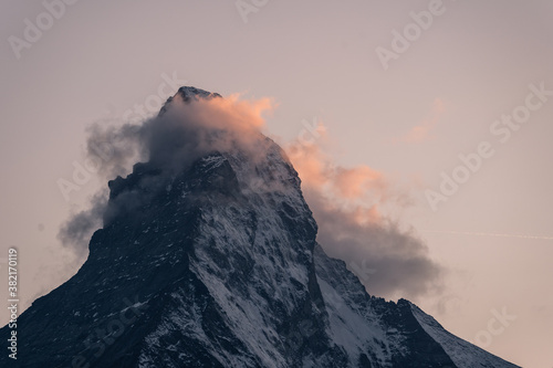 Last light of the sunset over the Matterhorn peak in Zermatt in Valais, Switzerland