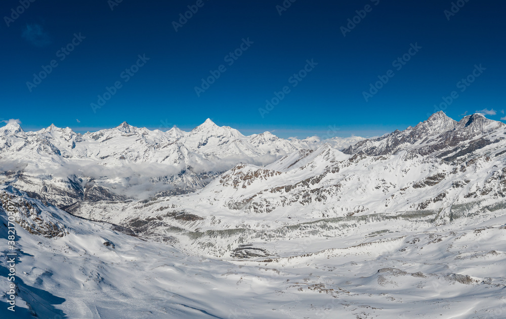 Panoramic view of the famous Zermatt ski resort in the alps in Canton Valais in Switzerland on a sunny winter day Panoramic view of the famous Zermatt ski resort in the alps in Canton Valais in Switzerland on a sunny winter day
