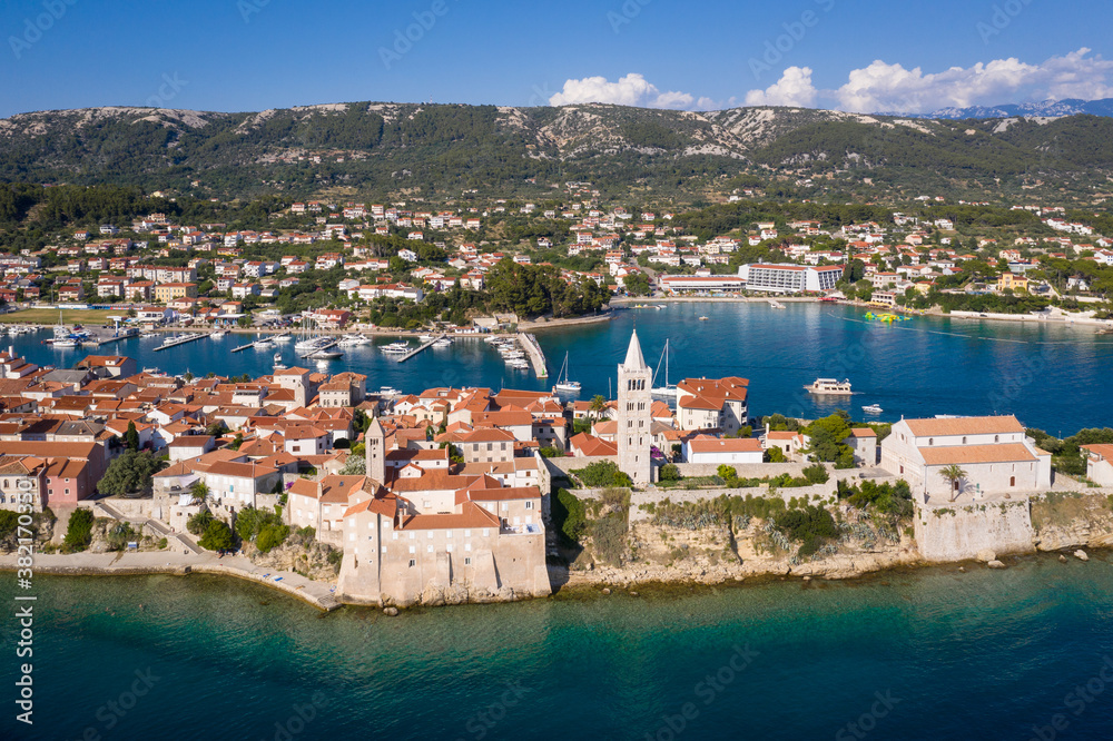 Aerial view of the Rab old town on Rab island along the Dalmatia coast in Croatia in the Balkans