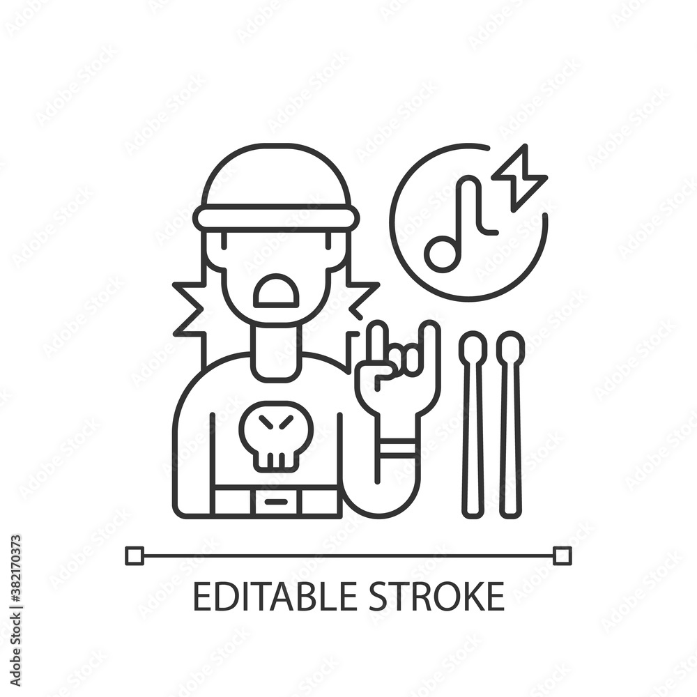 Rock music pixel perfect linear icon. Drumer boy in sweatshirt with skull. Wooden drum sticks. Thin line customizable illustration. Contour symbol. Vector isolated outline drawing. Editable stroke Rock music pixel perfect linear icon. Drumer boy in sweatshirt with skull. Wooden drum sticks. Thin line customizable illustration. Contour symbol. Vector isolated outline drawing. Editable stroke