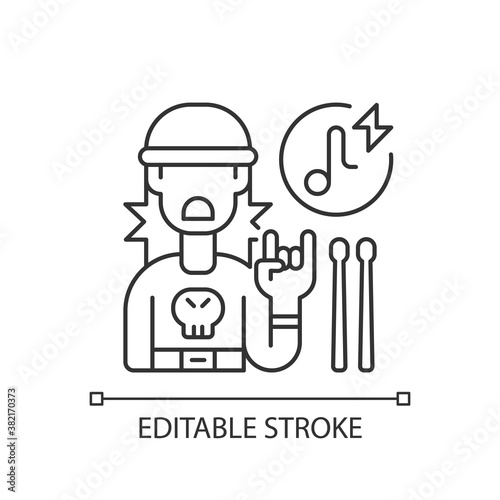 Rock music pixel perfect linear icon. Drumer boy in sweatshirt with skull. Wooden drum sticks. Thin line customizable illustration. Contour symbol. Vector isolated outline drawing. Editable stroke