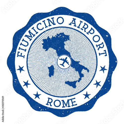 Fiumicino Airport Rome stamp. Airport of Rome round logo with location on Italy map marked by airplane. Vector illustration. photo