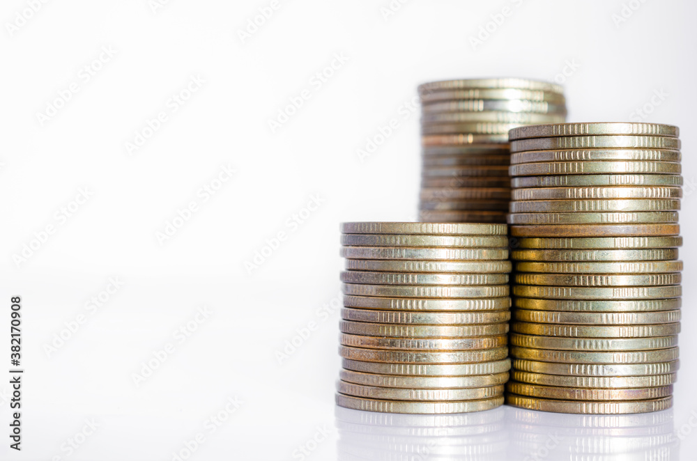 gold coin stack row growing pile on white background for money saving and investment business financial and banking concept.