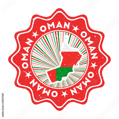 Oman round grunge stamp with country map and country flag. Vintage badge with circular text and stars, vector illustration.