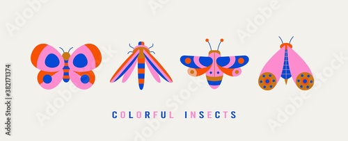 Various Bugs, Butterflies, Moth. Different insects. Minimalistic scandinavian colorful Icons. Simple flat geometric design. Trendy bright Vector illustrations for kids. All elements are isolated
